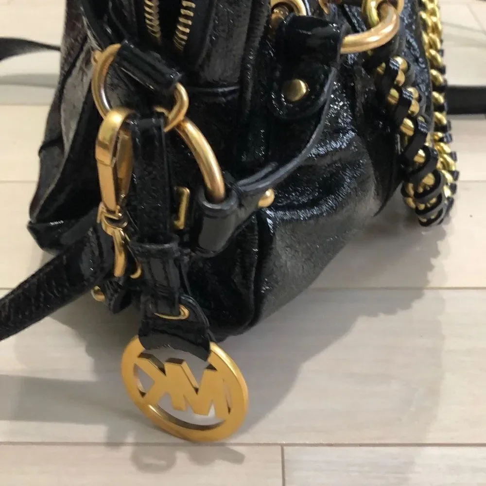 Michael Kors Women's Tristan Braided Gold-tone Chain Medium Satchel Black